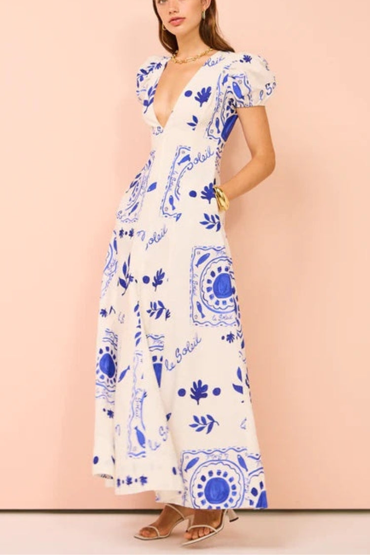 AZURE- Linen Blend Puff Sleeve Maxi Dress
