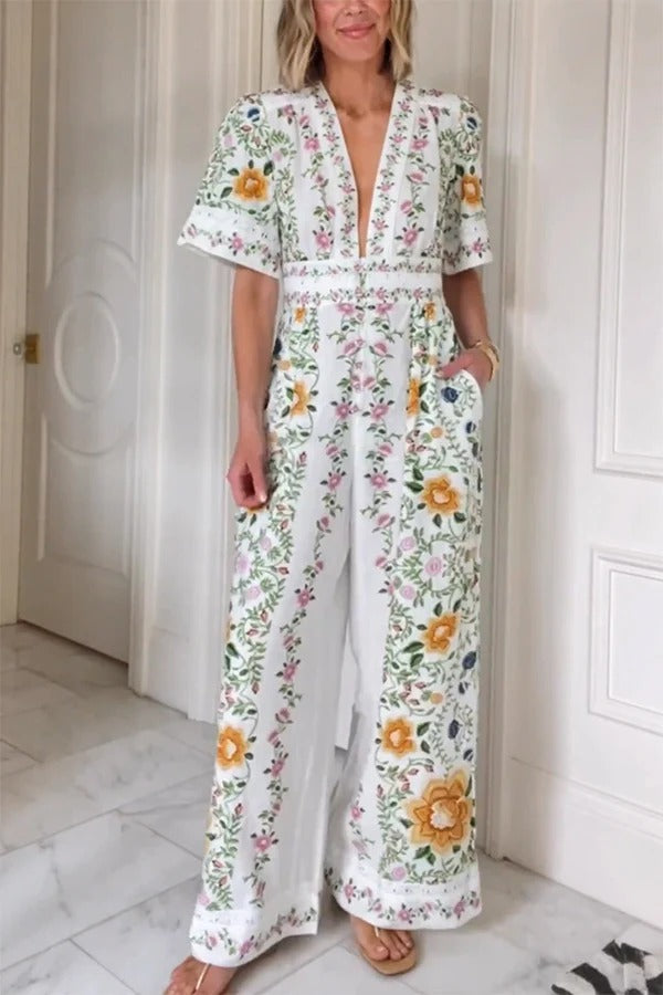 FLORA- Linen Blend Floral Wide-Leg Jumpsuit