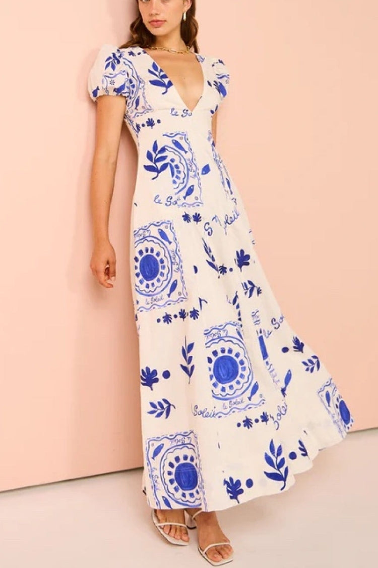 AZURE- Linen Blend Puff Sleeve Maxi Dress