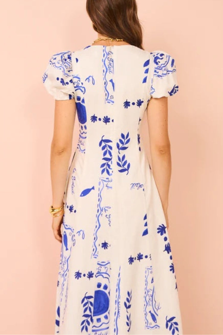 AZURE- Linen Blend Puff Sleeve Maxi Dress