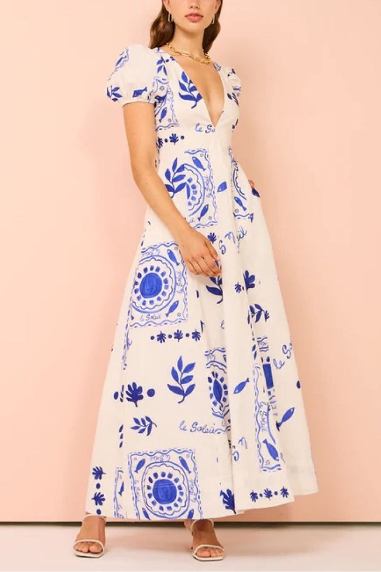 AZURE- Linen Blend Puff Sleeve Maxi Dress
